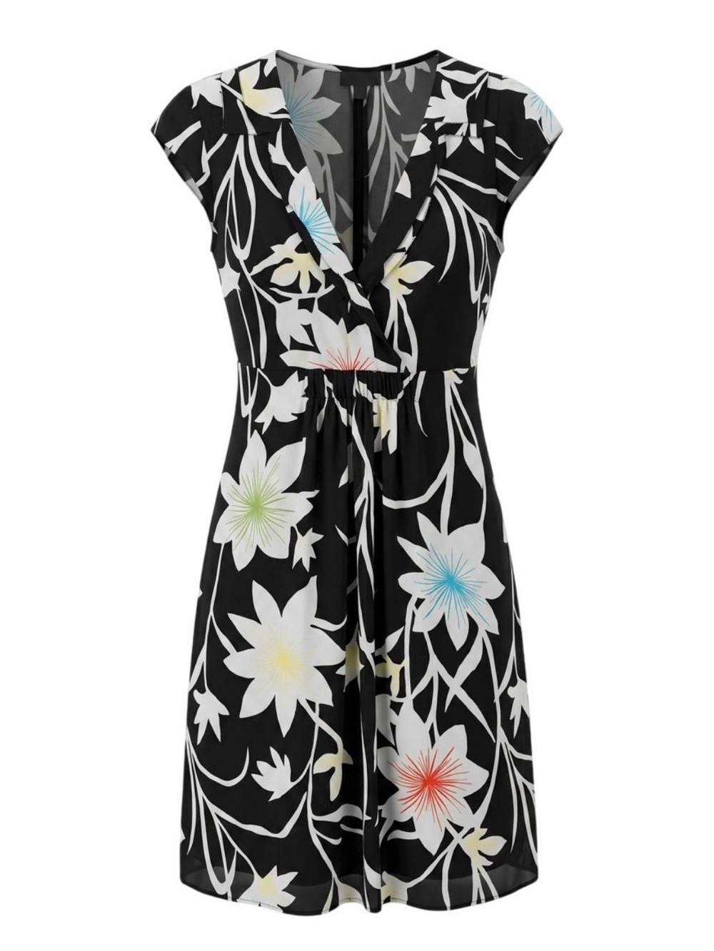 Black Floral V-Neck Midi Dress with a Wrap Design and Pastel Blooms